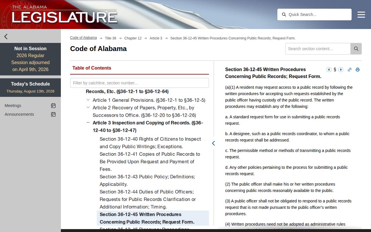 Alabama model public record request statute used for Perry County booking records
